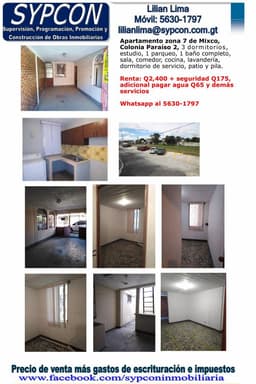 Apartamento en alquiler zona 7 Mixco