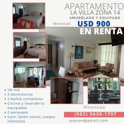 Apartamento en renta zona 14 La Villa amueblado y equipado