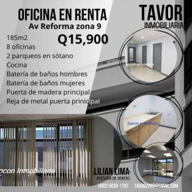 Oficina nivel medio zona 9 Avenida Reforma en renta de 185m2